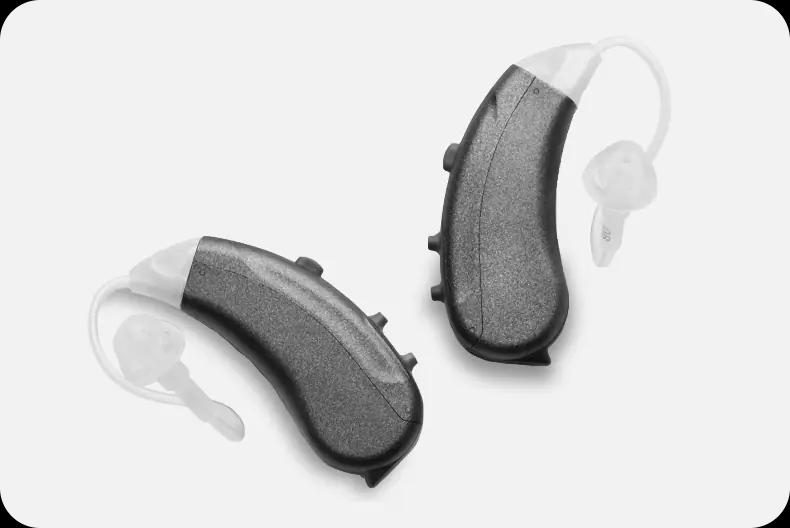 Image of a pair of black Lexie Lumen hearing aids