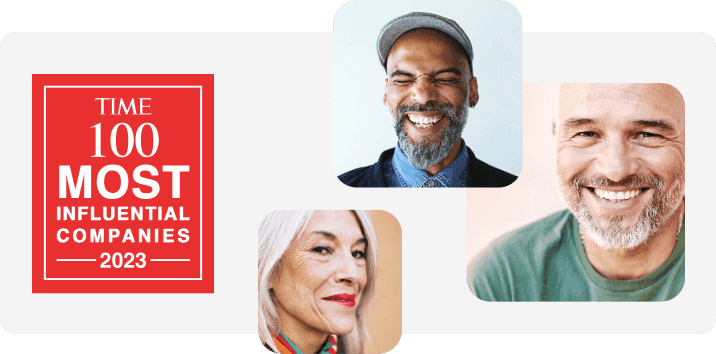 Three people smiling wearing Lexie hearing aids. Time100 most influential companies 2023 logo.