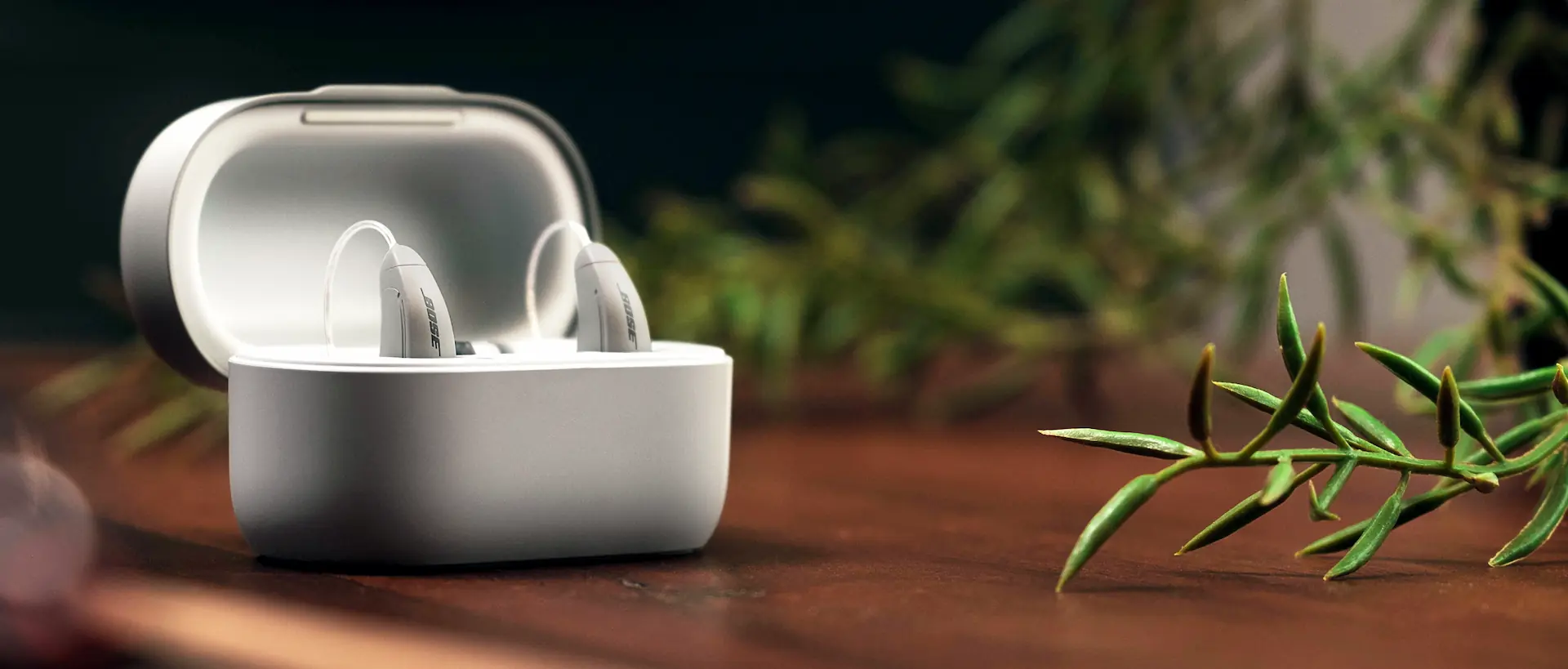 Desktop image of Lexie B2 Powered by Bose hearing aids on a table with herbs.