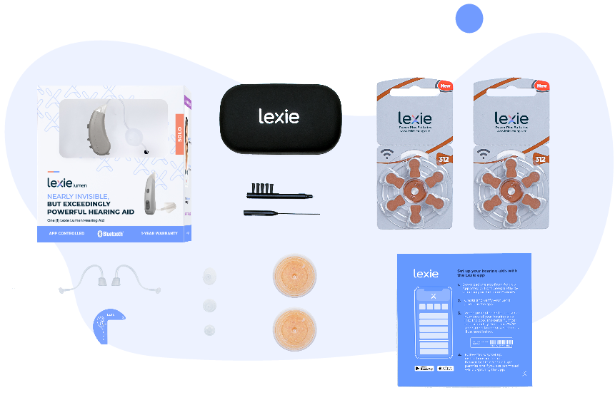 Flat lay of Lexie Lumen hearing aid's packaging with all the accessories included in the box: two Lexie hearing aids, 
		hearing aid batteries, hearing aid cleaning tools, ear measuring tool, user manual, drying capsules, and different sized tubes and domes.