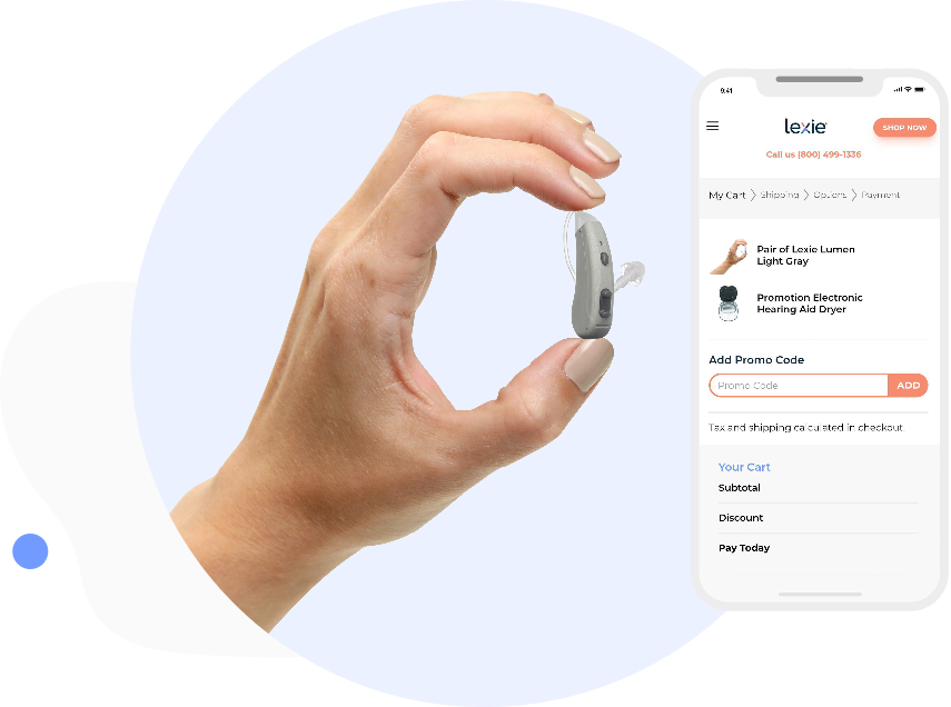 Hand holding a Lexie Hearing aid with a mobile device next to it. On the screen is the Lexie Hearing website.