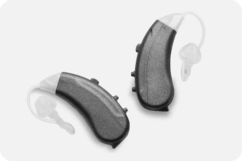 Image of a pair of black Lexie Lumen hearing aids