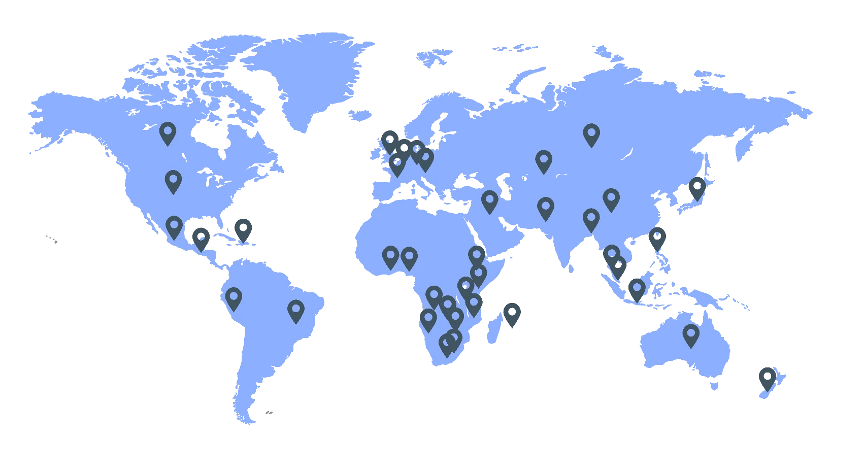 World map indicating the 30 countries hearX Group has made affordable hearing healthcare more accessible.