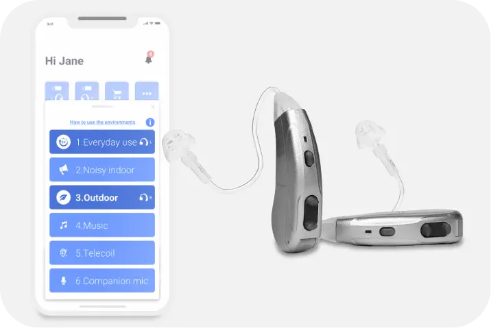 An image on a pair of silver Lexie Lumen hearing aids